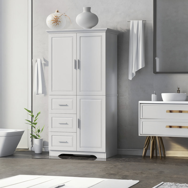 Armoire de rangement haute et large Geddy avec portes pour salle de bain / bureau, Blanc
