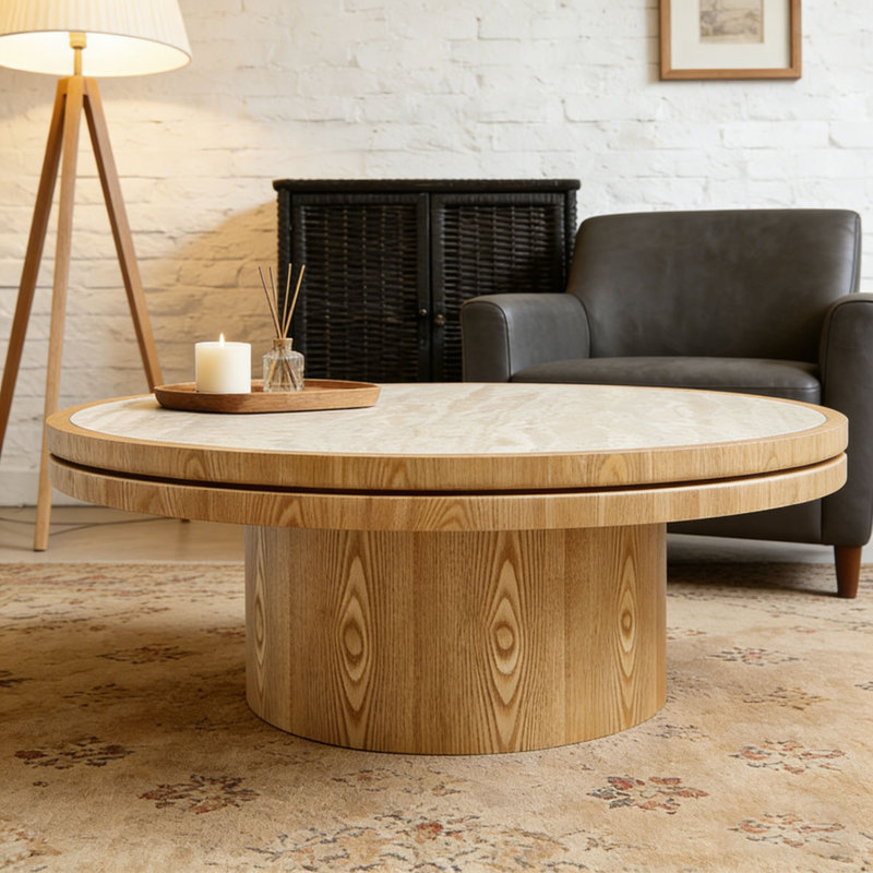 Table basse ronde en panneau de fibres à densité moyenne, Naturel