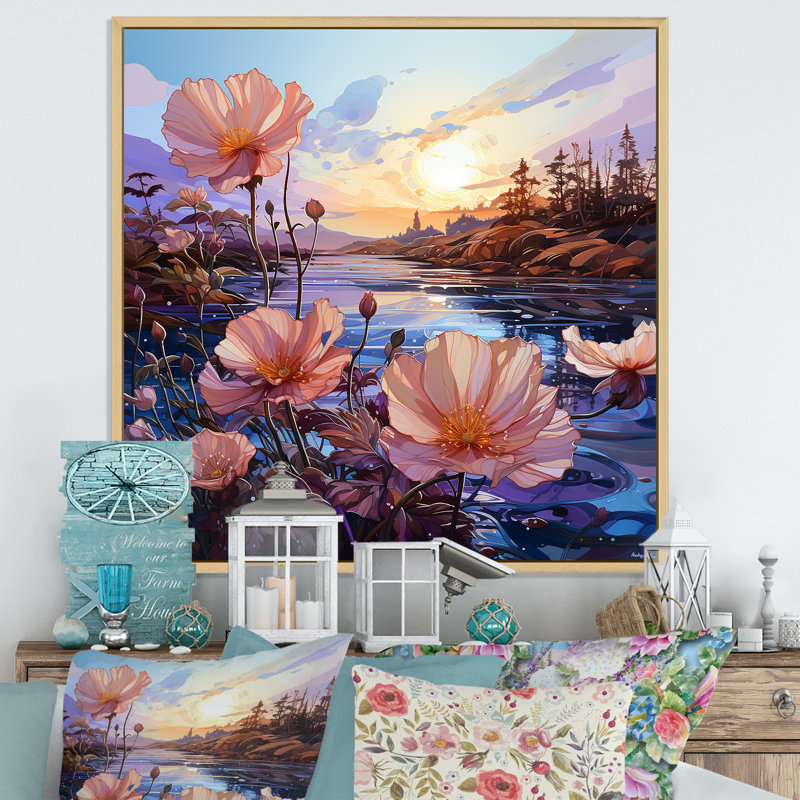 «Pink Morning Glory», art liquide sur fond de fleurs II sur toile, Cadre naturel flottant, H 24 po x l 24 po x P 1 po