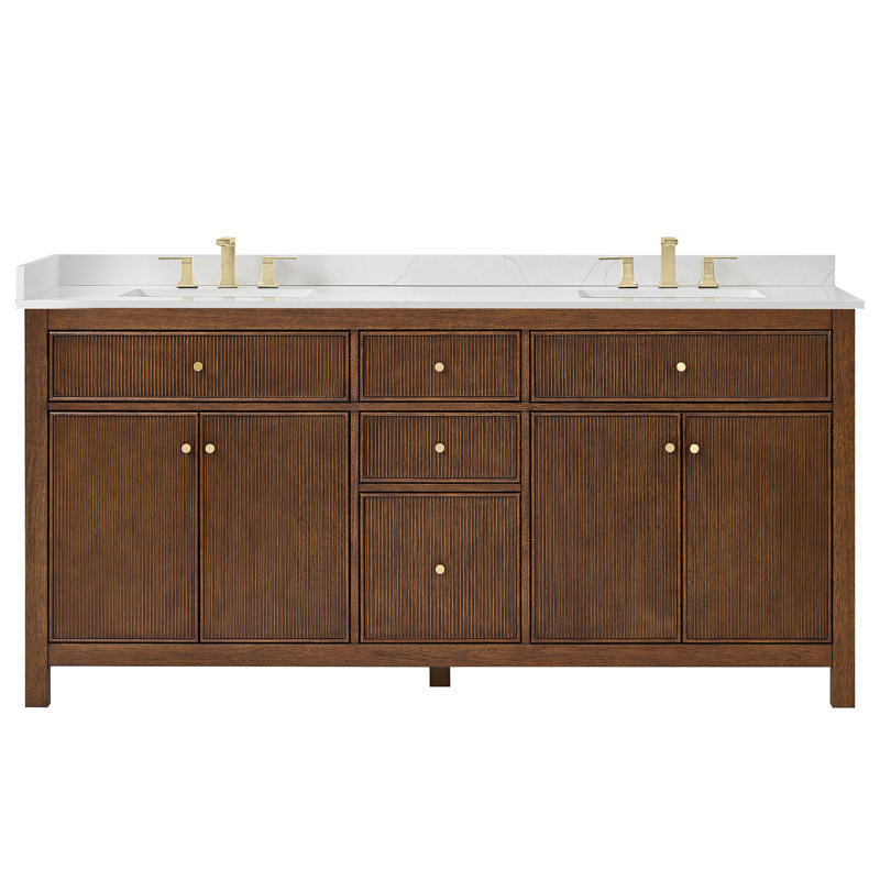 Pendry 72" Freestanding Double Bathroom Vanity with Top, Dark Walnut, Brushed Gold, Carrara Cultured Marble