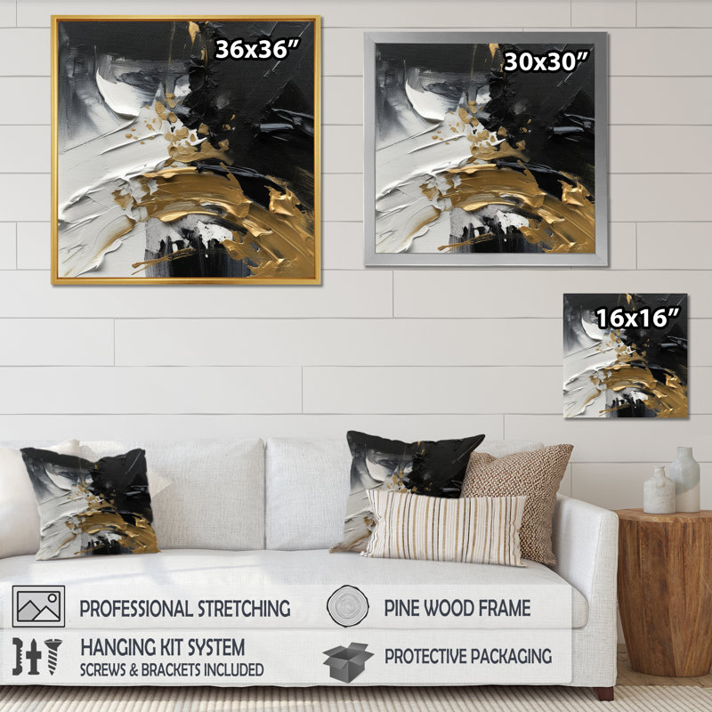 Exquis Darling Gold Abstract Wave On Black I - peinture abstraite, art mural, H 24 po x l 24 po x P 1 po, Cadre flottant noir