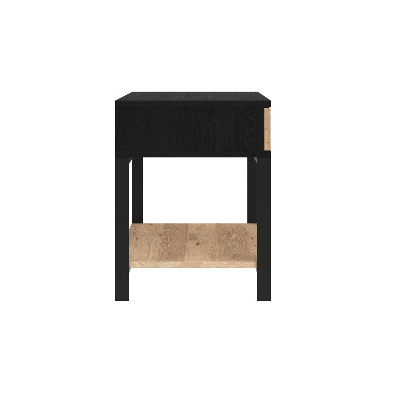 Black and Brown Oak Veneer Nightstand with Iron Legs