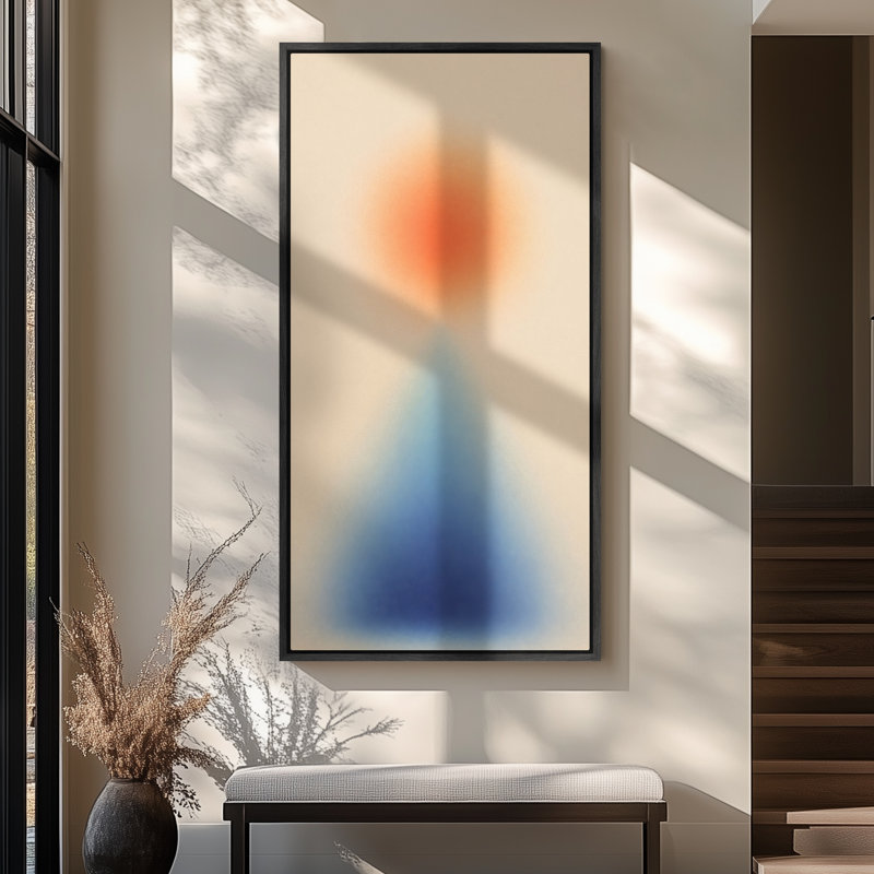 Très grand art mural abstrait à imprimé géométrique dégradé orange et bleu, Black, 60" H x 30" W