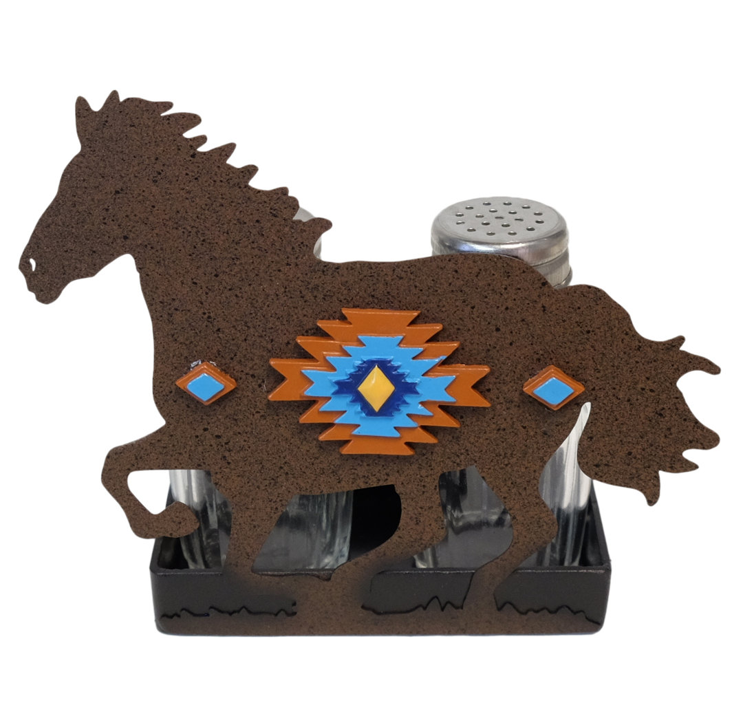 Metal Pecos Southwestern Tribal Horse Salt and Pepper Shaker Holder Set De Leon Collections