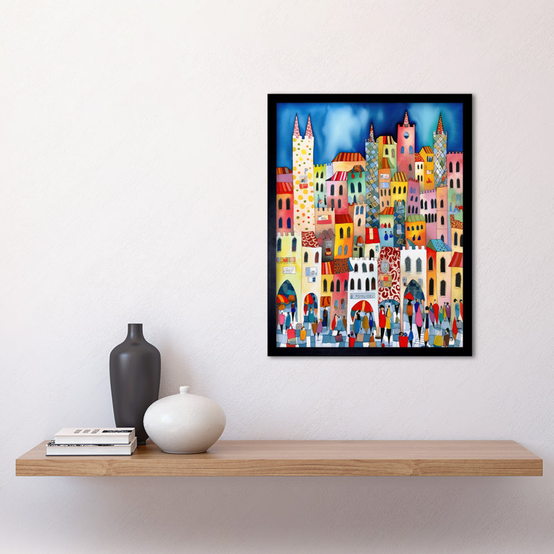 Busy Street Vertical Cityscape Folk Art Watercolour Painting Art Print Framed Poster Wall Decor 12x16 inch