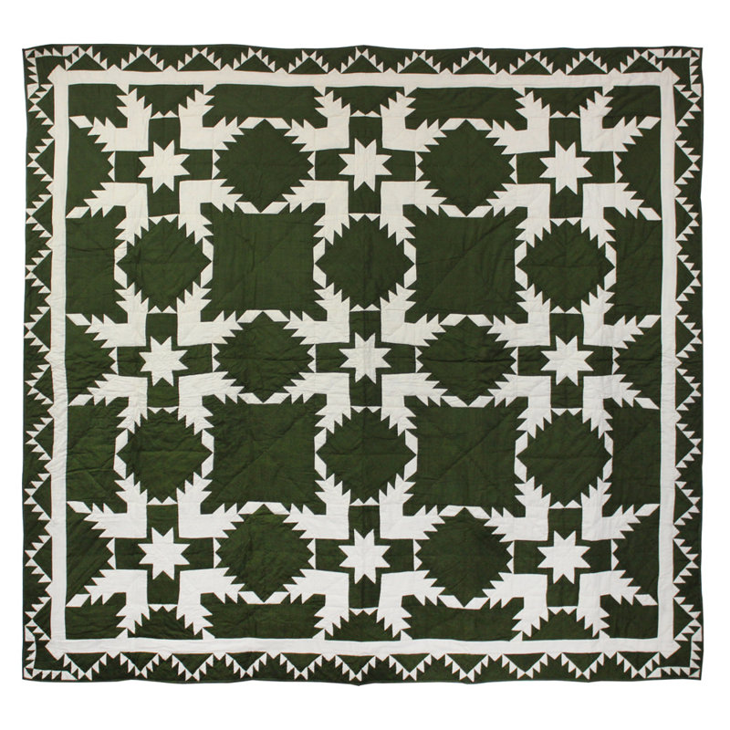 Feathered Star Rustic Cotton Patchwork Quilt, Green, Super Queen Quilt