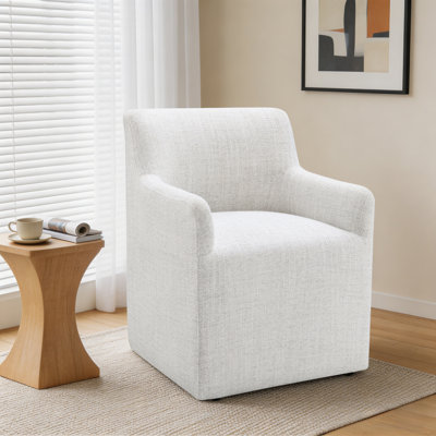 Upholstered Dining Chairs With Casters, Fully Assembled Barrel Back Armchair, Solid Wood Accent Vanity Chair For Dining Room Living Room