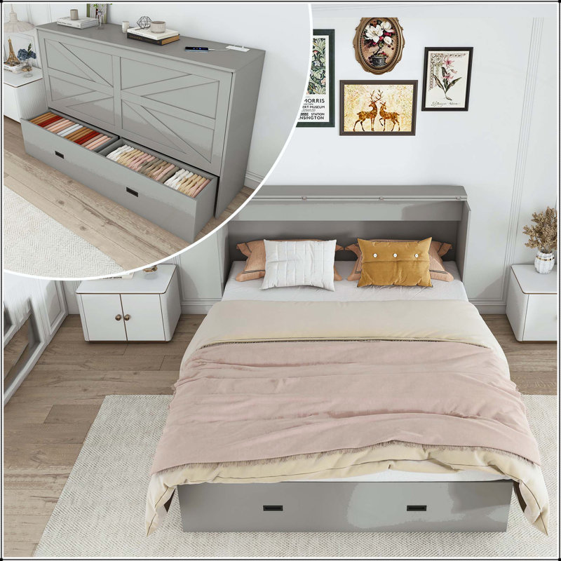 Lit escamotable 57 po avec tiroirs de rangement, armoire de chargement et roues pivotantes, Gris