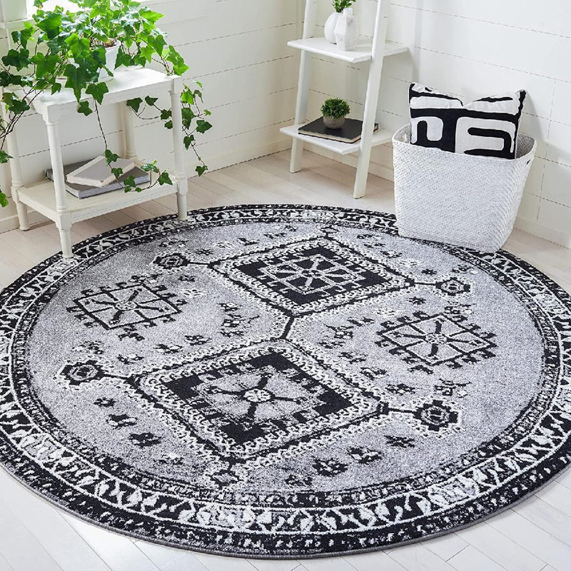 Tapis gris / noir Southwestern, Rond 6 pi 7 po