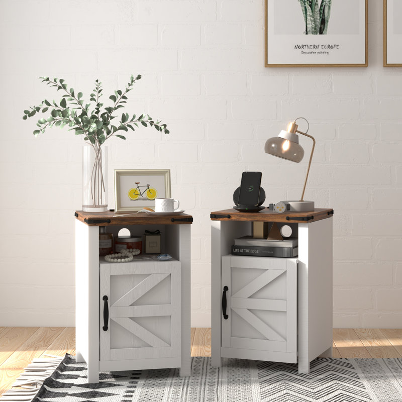 Auriemma End Table with Charging Station, White/Brown