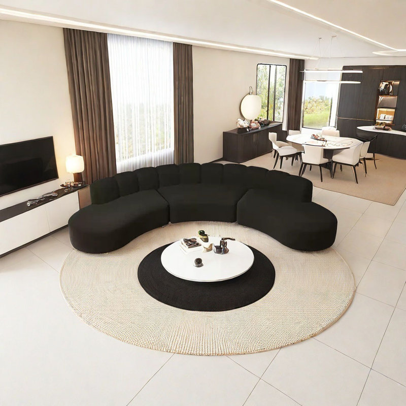 Black semi-circular curved corner sofa, 25.59" H x 141.73" W x 33.47" D, 6