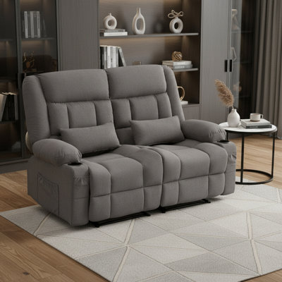 47" Grey Microfiber Manual Reclining Loveseat With Storage and Toss Pillows