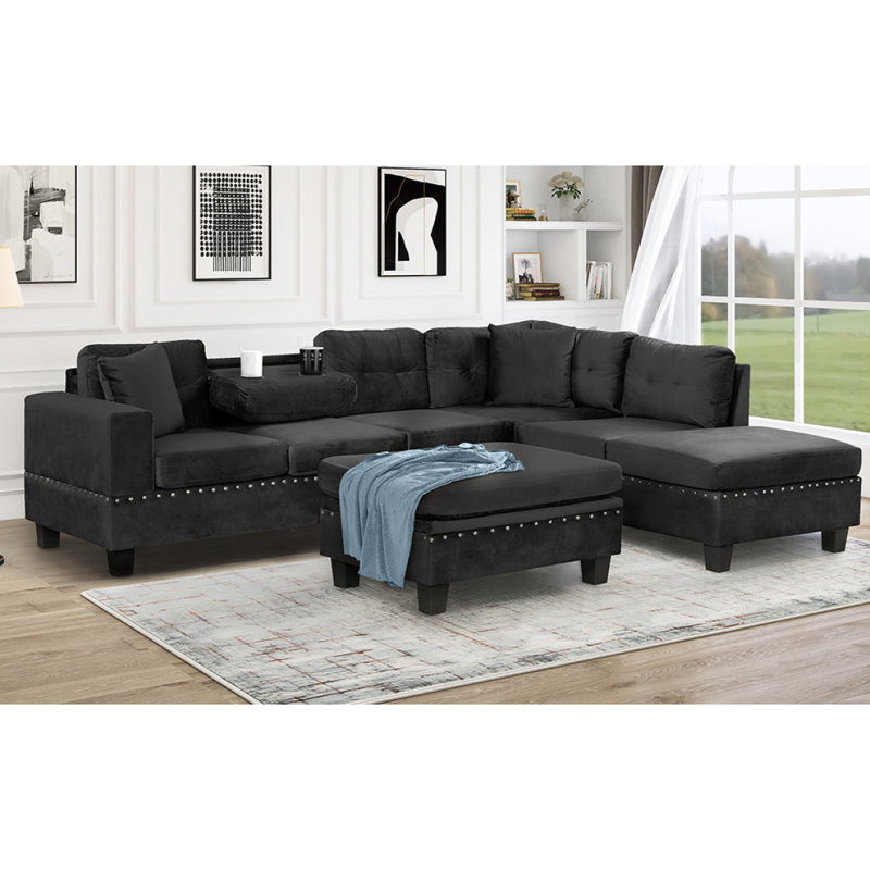 Canapé modulaire de 105 po avec repose-pieds avec rangement, canapé en L avec 2 coussins et porte-gobelets, canapé modulaire avec méridienne réversible pour le salon