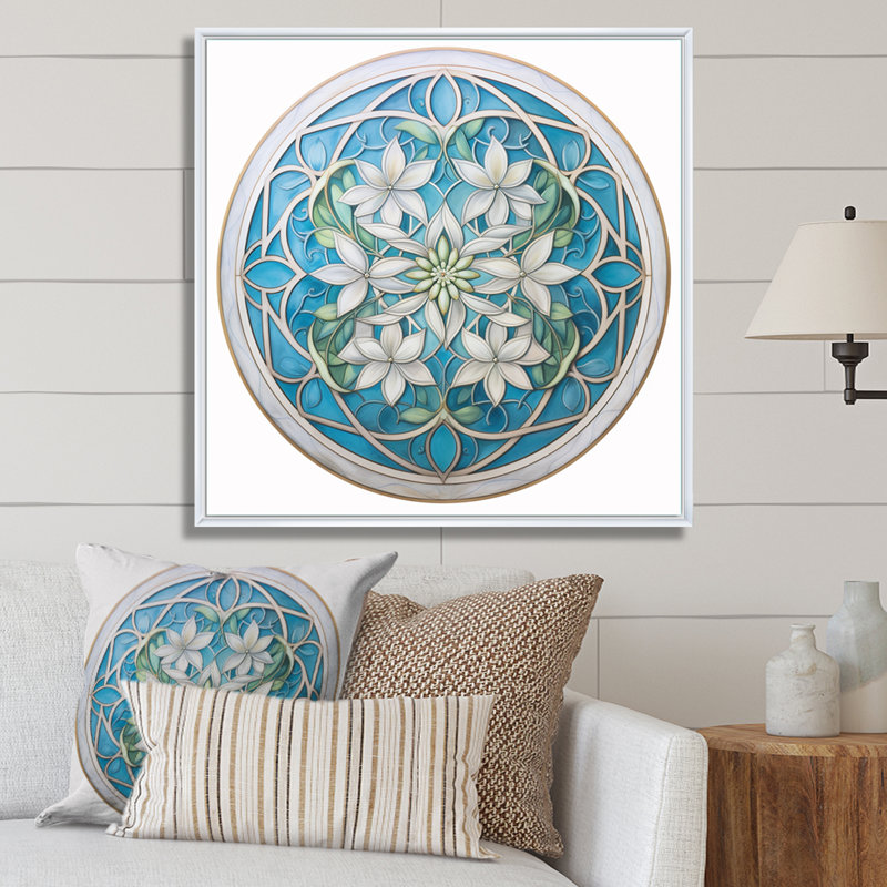 Mandala de fleurs rétro turquoise et blanc sur toile, Cadre flottant blanc, H 16 po x l 16 po x P 1 po