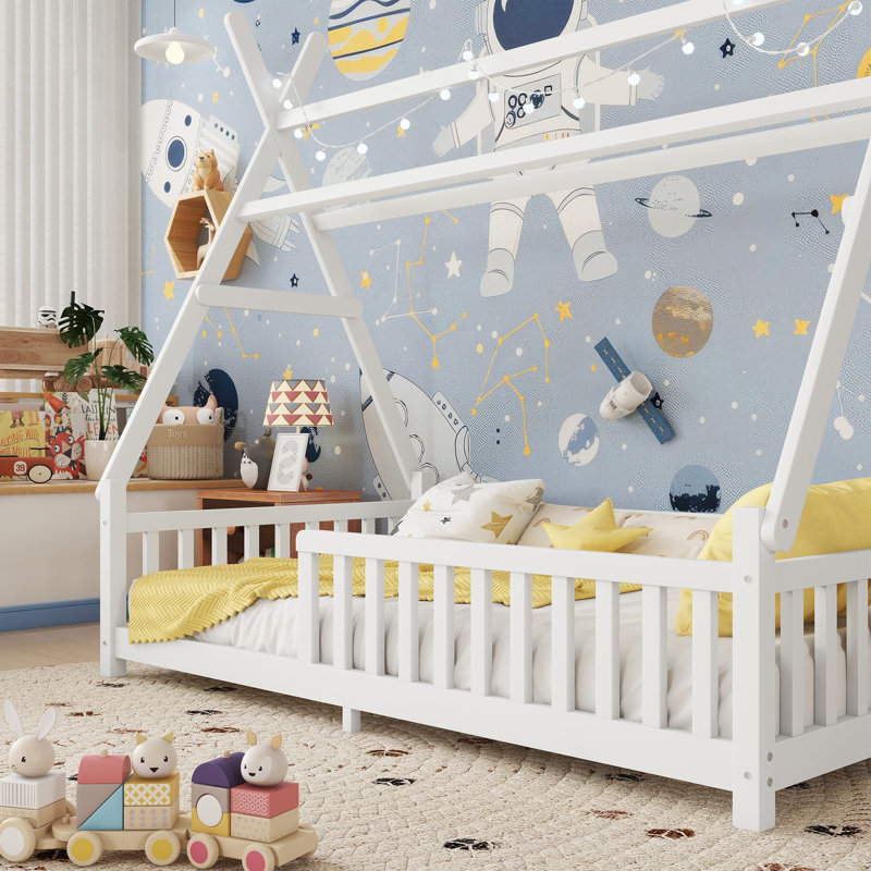 Lit simple avec lumière, lit surélevé avec clôture et toit pour enfants, blanc, Lit simple