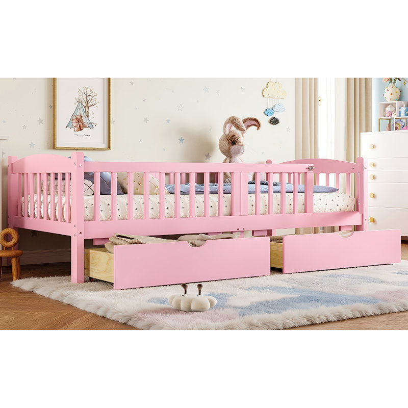 Lit plateforme simple TG en rose, garde-corps pleine longueur, rangement spacieux, conception centrée rose, garde-corps, tiroirs de rangement