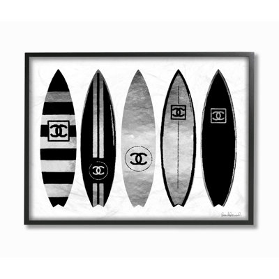 Fashion Designer Surf Boards Black Silver Watercolor Oversized Framed Giclee Texturized Art by Amanda Greenwood