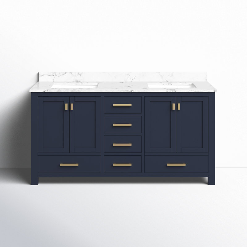 Modero 60" Double Bathroom Vanity with Top, Navy Blue, Cala White Marble
