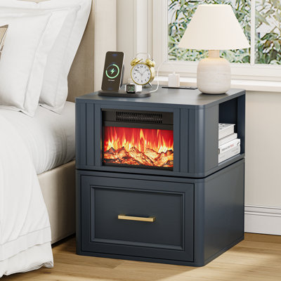 Rotating Electric Fireplace, Storage End Table with Charging Station and Drawer