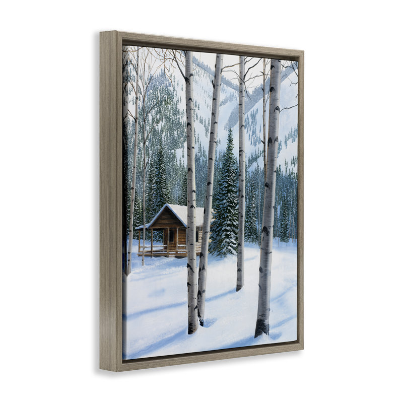 «Snowy Cabin Through Birch», art mural sur toile par Kevin Daniel, Cadre flottant orme Montalcino, H 31 po x l 25 po