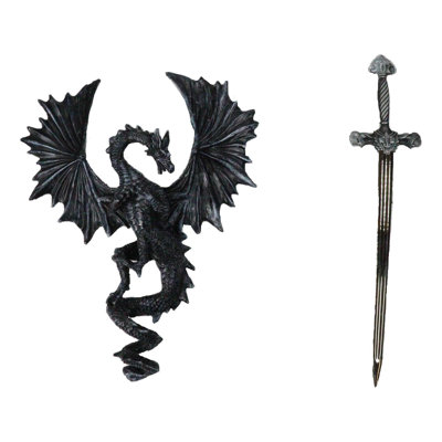 Plaque murale gothique en forme de dragon à oreilles avec épée médiévale amovible - 12 po
