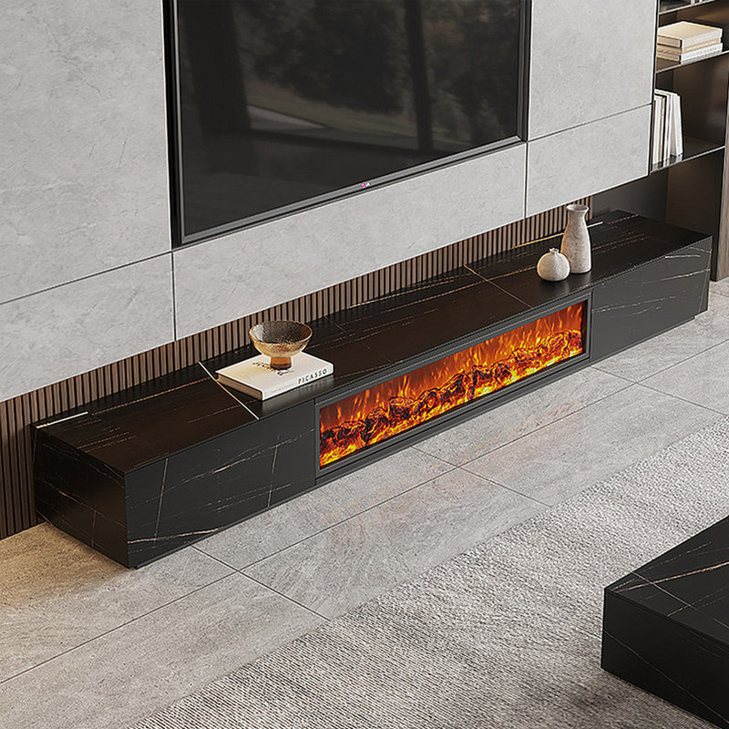 Meuble télé avec foyer à flamme simulée, 94.49", Noir, noir, noir, noir
