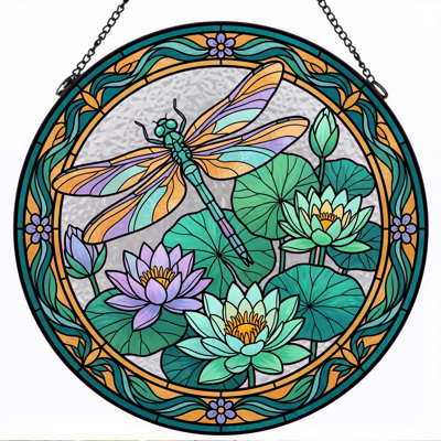 Dragonfly Lotus Stained Glass Window Panel，12"H