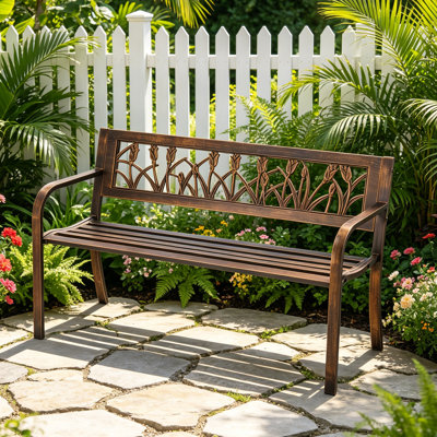 Banc d'extérieur en métal 50 po avec dossier floral et accoudoirs