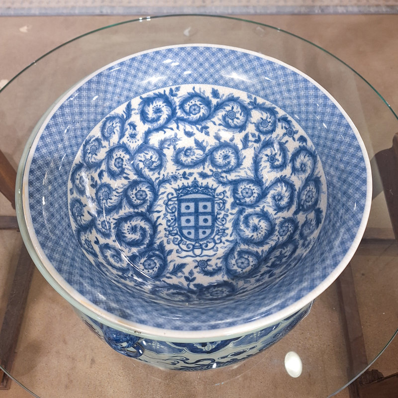 Porcelain Bowl With Bronze Blue White Emblem