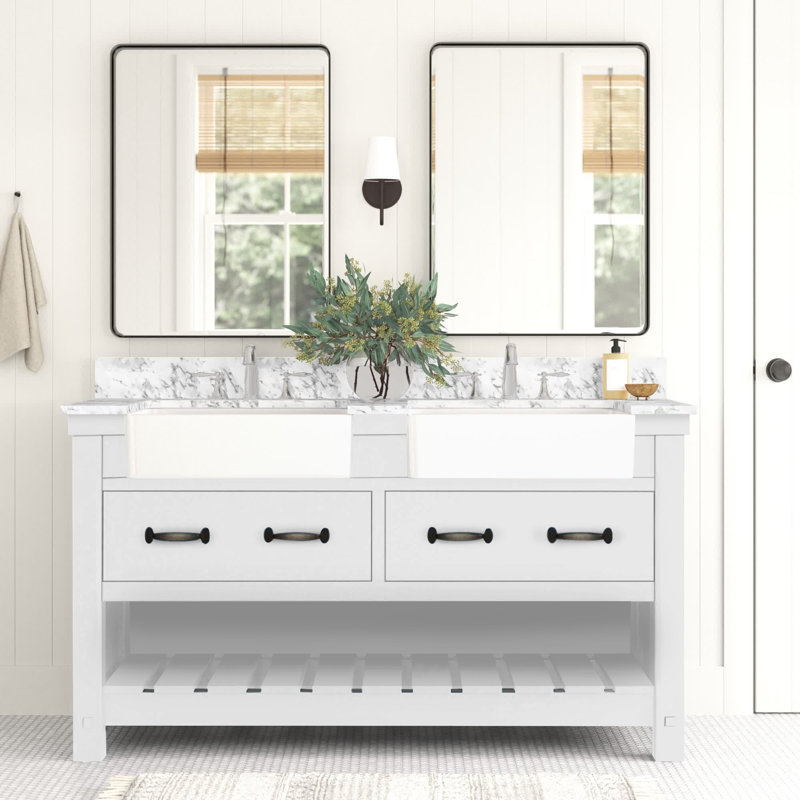 Meuble-lavabo double 60 po avec plateau en marbre de qualité supérieure Arianys, Blanc doux
