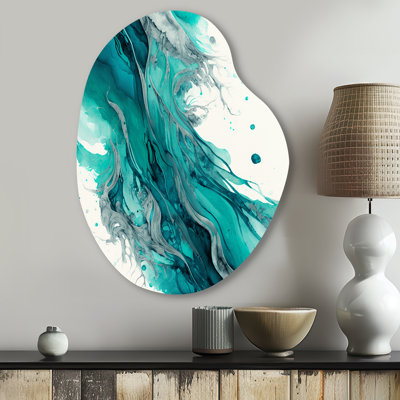 Turquoise Waves In Paradise VII - Abstract Liquid Ink Pear Shape Assymterical Metal Wall Art