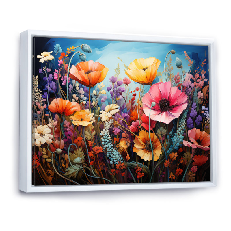 «Wildflowers Natures Bouquet Pointillism Dot I», reproduction sur toile, H 16 po x l 32 po x P 1 po, Cadre flottant blanc