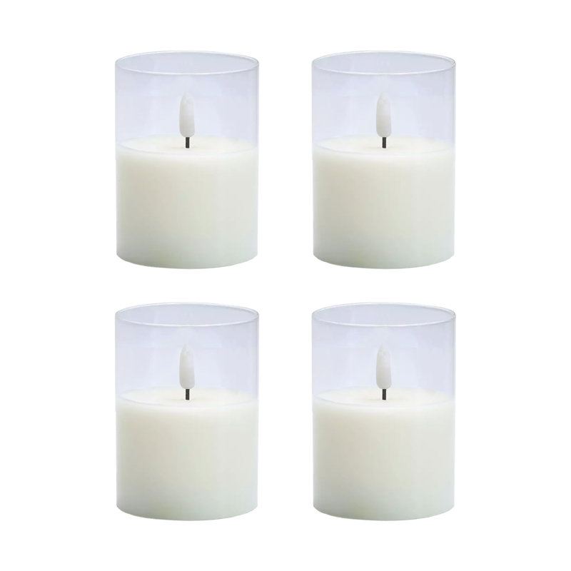 Bougies DEL à mèche 3D à piles dans des supports transparents, blanc doux - 4 pièces