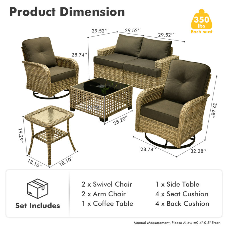 Wahkon Wicker/Rattan 4 - Person Seating Group With Swivel Chairs and Cushions, Black
