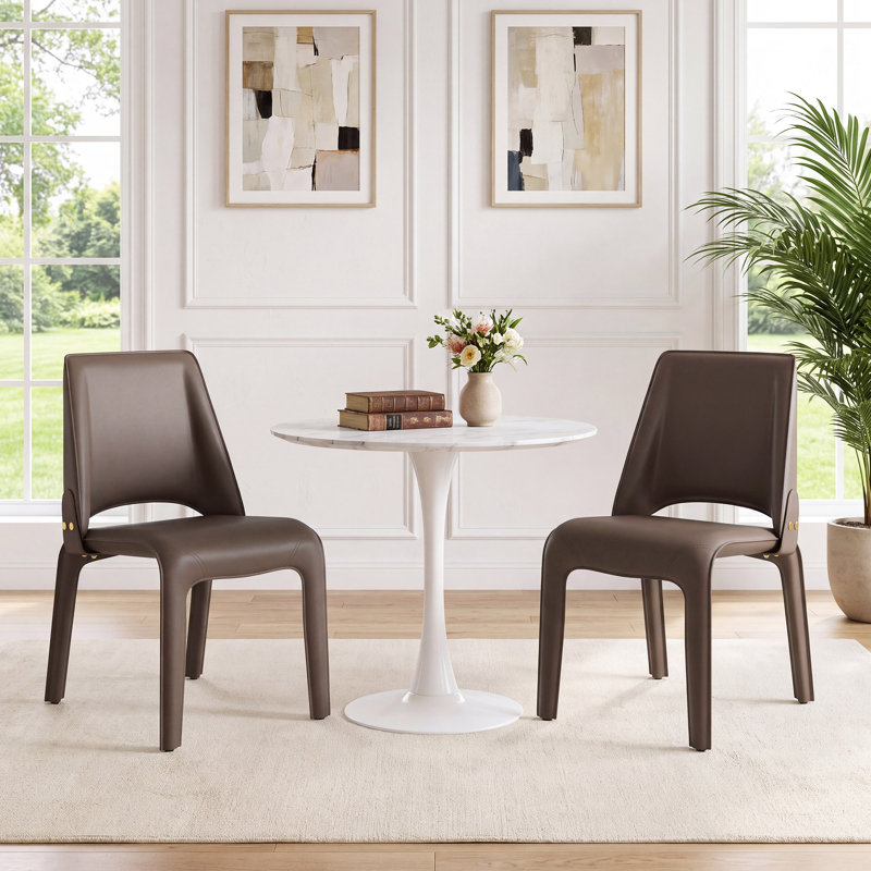 Saddle Leather Dining Chair Upholstered Side Chair With Padded Seat, Armless Vanity Chair With Metal Frame For Dining Living Room Vanity Office, Brown