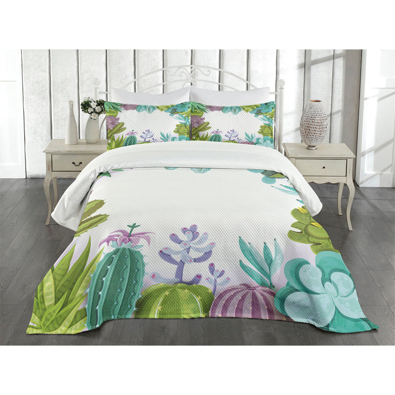Ambesonne Cactus Bedspread Set Succulents Plants Frame Multicolor, King Bedspread + 2 Standard Shams
