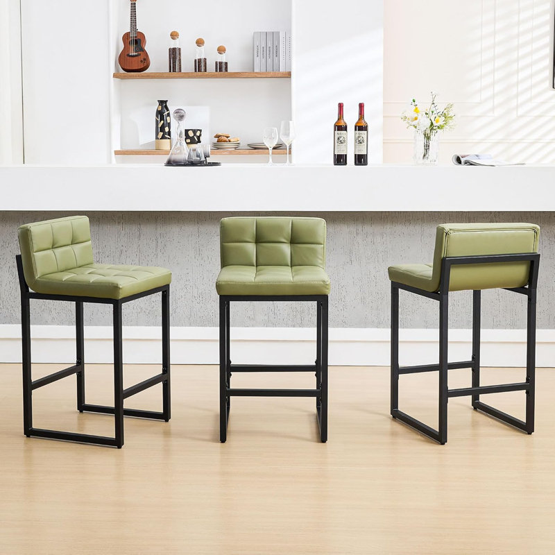 Tabouret de comptoir rembourré à dossier bas avec structure en métal épaissie pour îlot de cuisine, Vert, 3