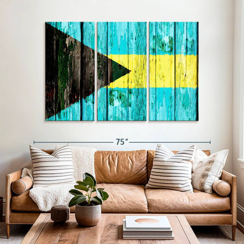 Drapeau Borges en bois des Bahamas, H 42 po x l 65 po