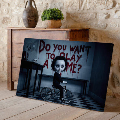 Canvas A Sinister Doll With A Pale Round Face And Dark Wall Art Curly Hair Sits On A Small Vintage Tricycle Dressed In Bringing Warm Canvas Wall Art
