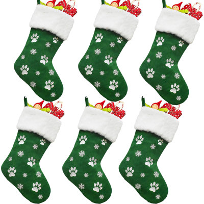 6-Pack Christmas Stockings for Pets, Large 18-Inch Dog Paw Print & Snowflake Pattern Hanging Socks, Green Holiday Decor for Fireplace, Dog Lover Gift