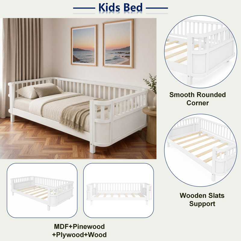 Lit pour enfant à profil bas avec coin arrondi lisse et support en lattes de bois, Lit simple, Blanc
