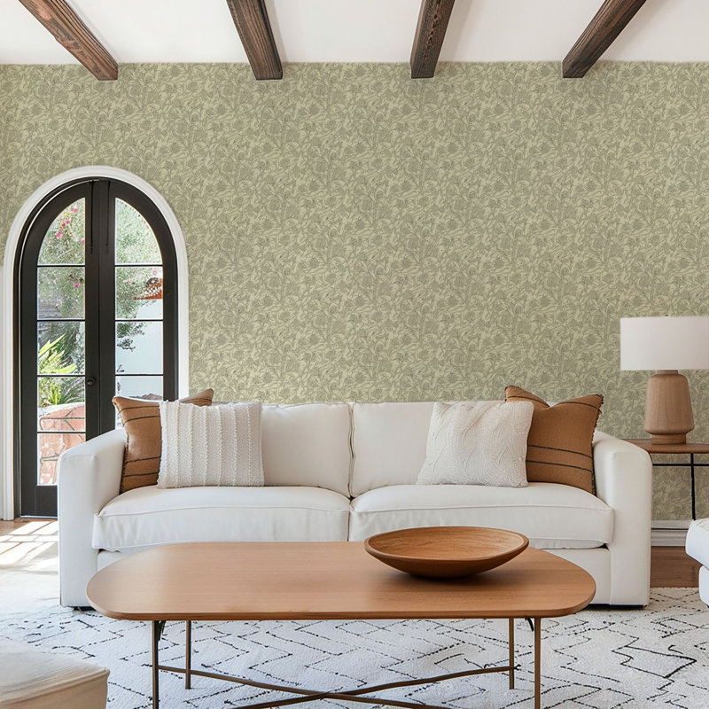 Wandervine - Raw Linen Botanical Wallpaper, Self-Adhesive, Vinyl, Raw Linen