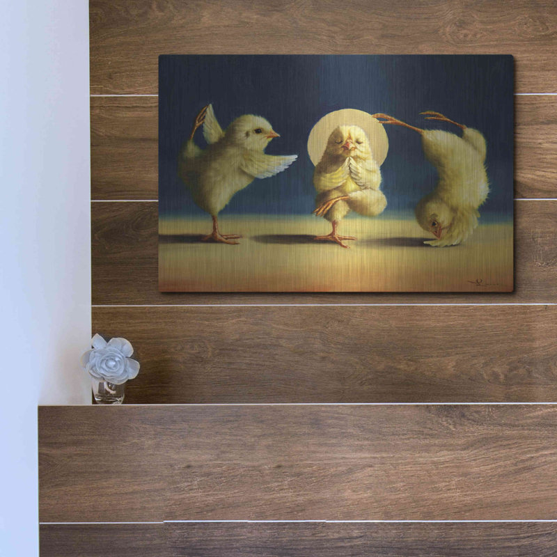 «Yoga Chicks Three» par Lucia Heffernan - peinture sur métal sans cadre, H 12 po x l 16 po x P 0,13 po