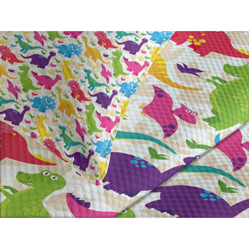Queen White Dinosaur Quilted Bedspread Set with Shams