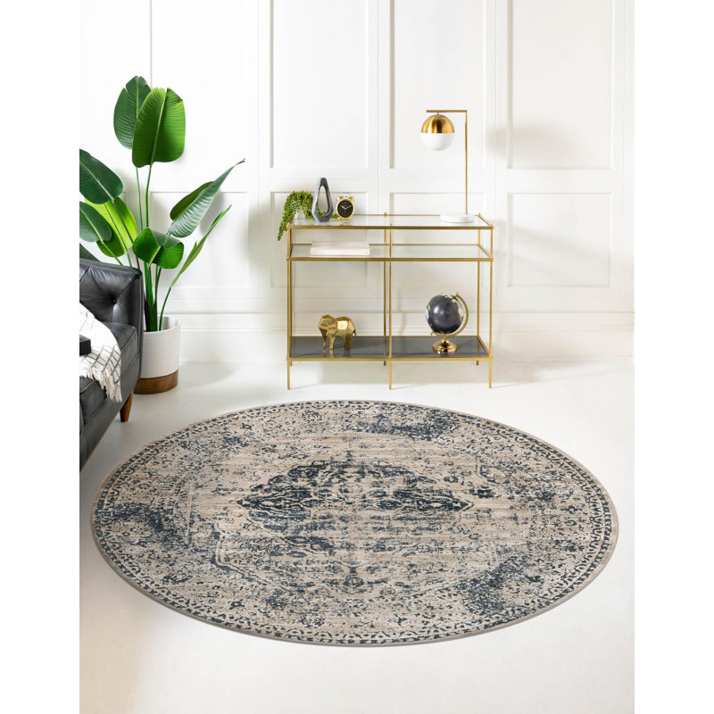 Arkeen Oriental Dark Blue/Beige/Ivory/Gray Area Rug, Round 4'1"
