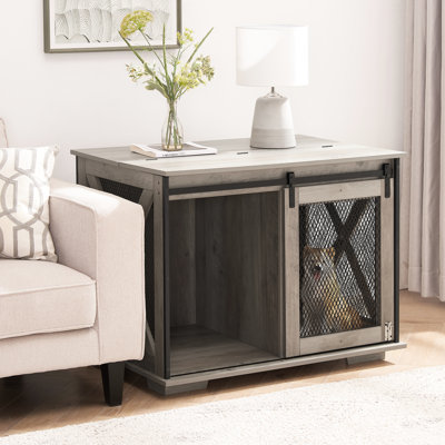 Style Dog Kennel With Sliding Door And Internal Compartment, Gray Wash Crate Flip-Top Plate Detachable Divider