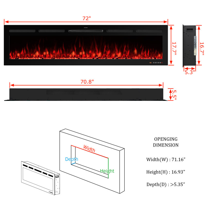 Abria Smart Electric Fireplace Inserts, 17.7" H x 72" W x 5.5" D