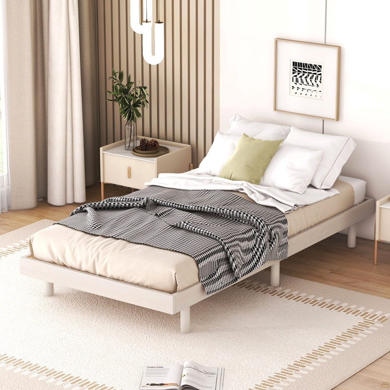 Twin Size Floating Platform Bed Frame, Twin, White Washed