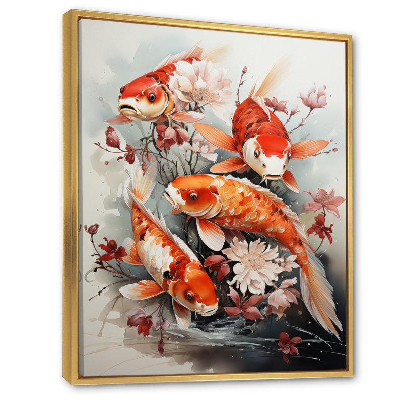 Pêche, pêche d'art contemporain Koi, H 40 po x l 30 po x P 1,5 po, Cadre flottant doré