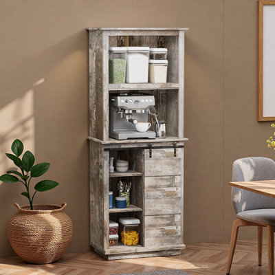 Buffet de cuisine rustique autoportant avec porte de grange coulissante et tablette réglable